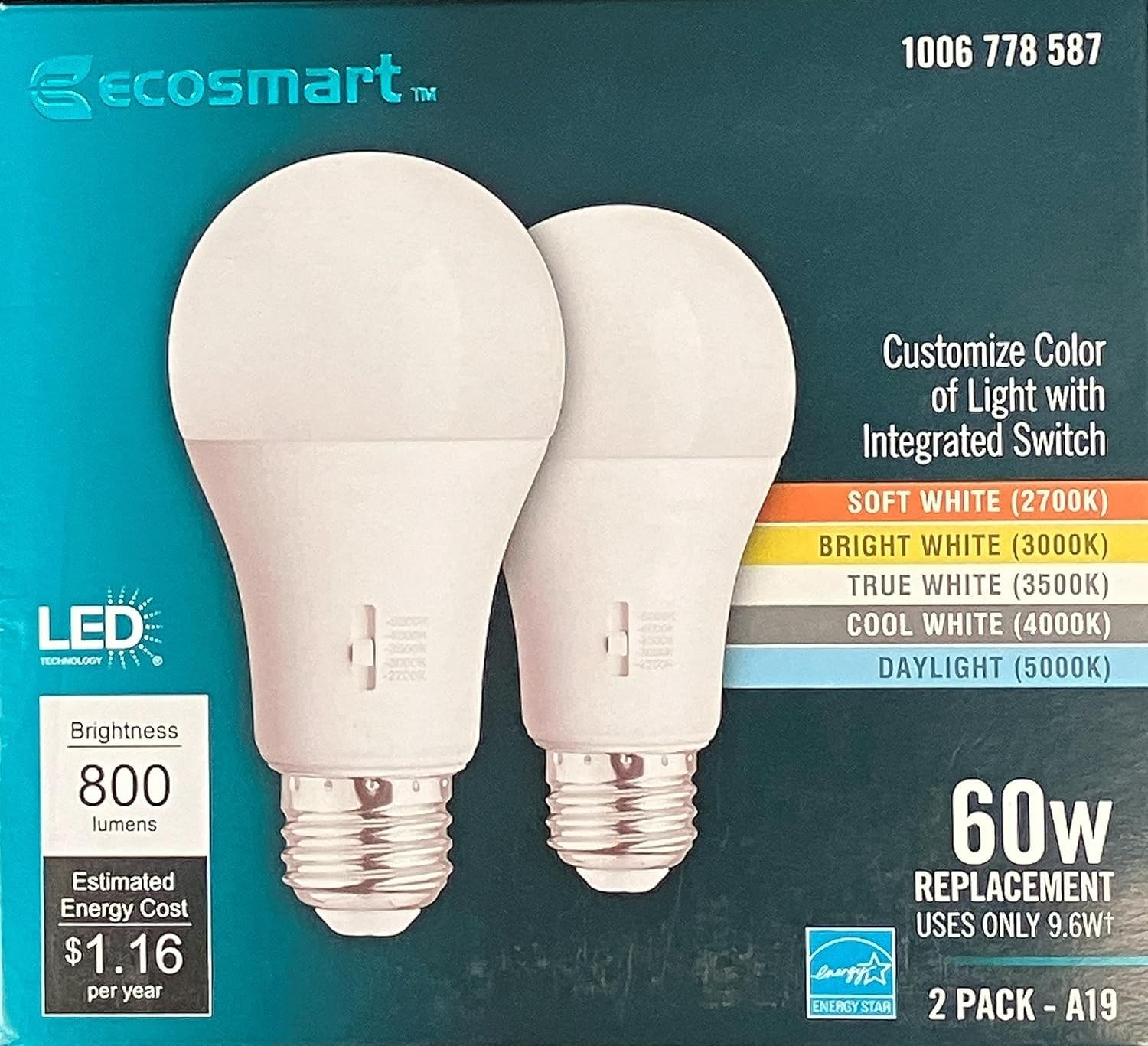 New EcoSmart 60W Equivalent Selectable A19 Dimmable LED Bulb (2-Pack), White gallery