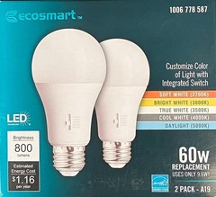 New EcoSmart 60W Equivalent Selectable A19 Dimmable LED Bulb (2-Pack), White