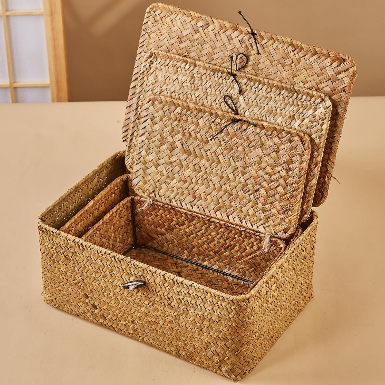 Natural Seagrass Storage Basket Set 3-Piece with Lids Handwoven Boxes gallery