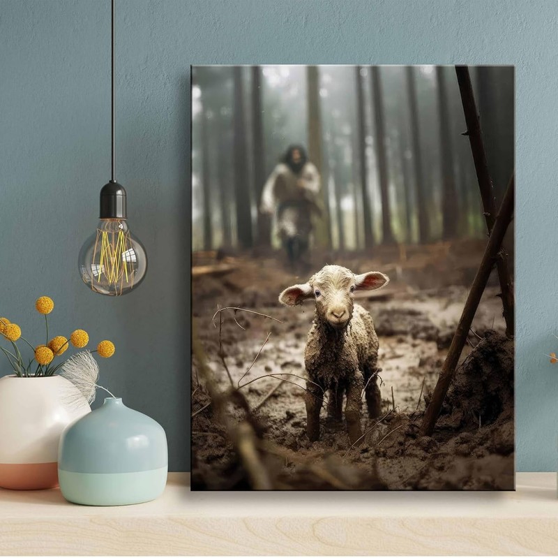 Elegant Jesus Running After Lost Lamb Canvas - Inspirational Art for All Rooms gallery