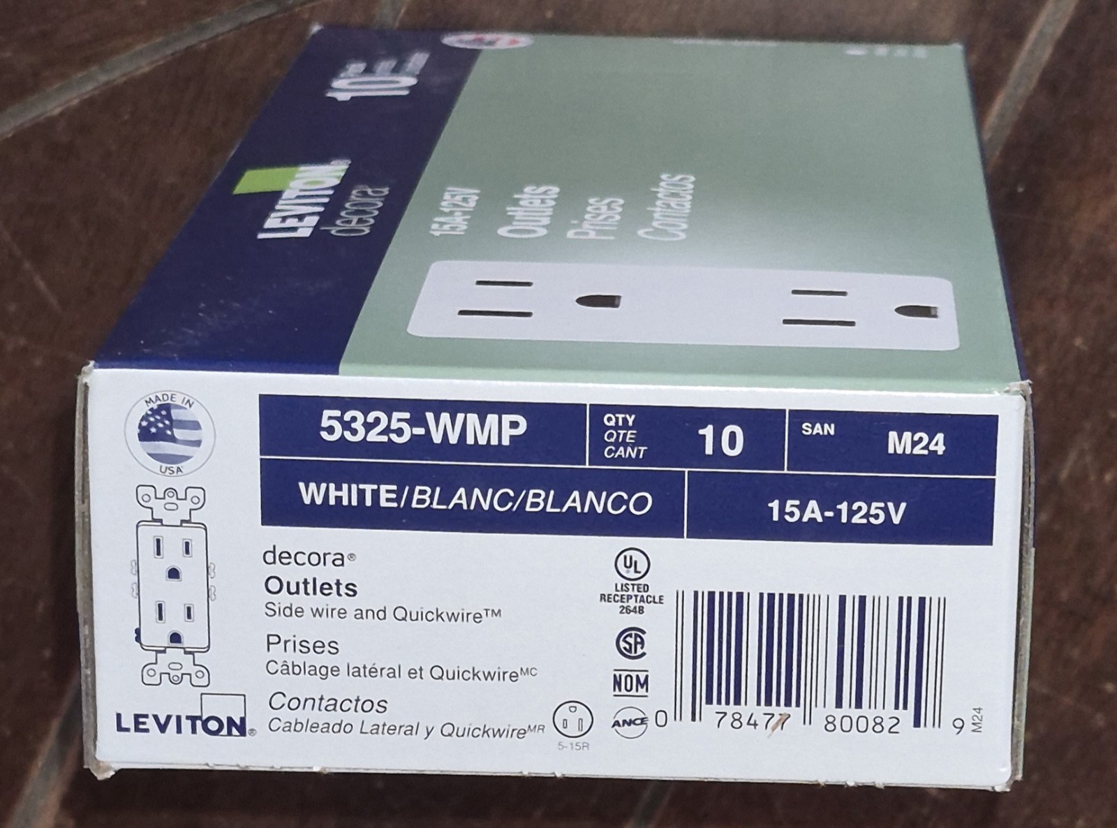 10pk Leviton Decora 15 amp Outlets -White- (15A-125V) #5325-WMP gallery