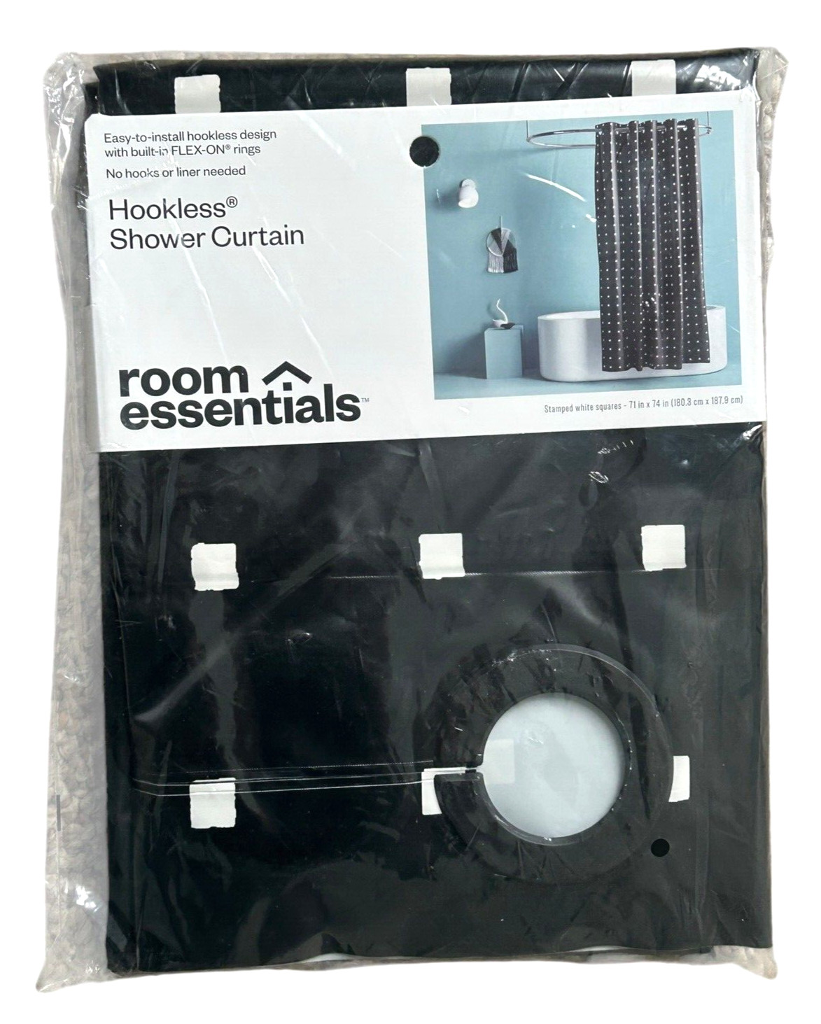 Shower Curtain Hookless - Uses No Hooks or Liner - White Squares on Black 71x74" gallery