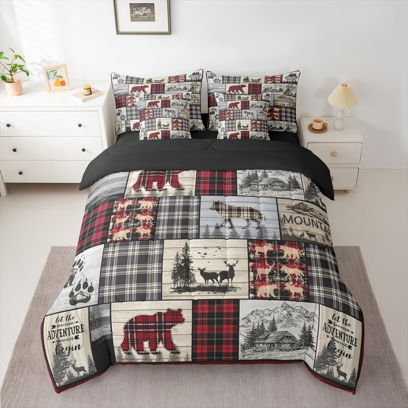 Rustic Cabin Queen Comforter Set 7 Piece Red Black Farmhouse Buffalo Plaid Beddi gallery