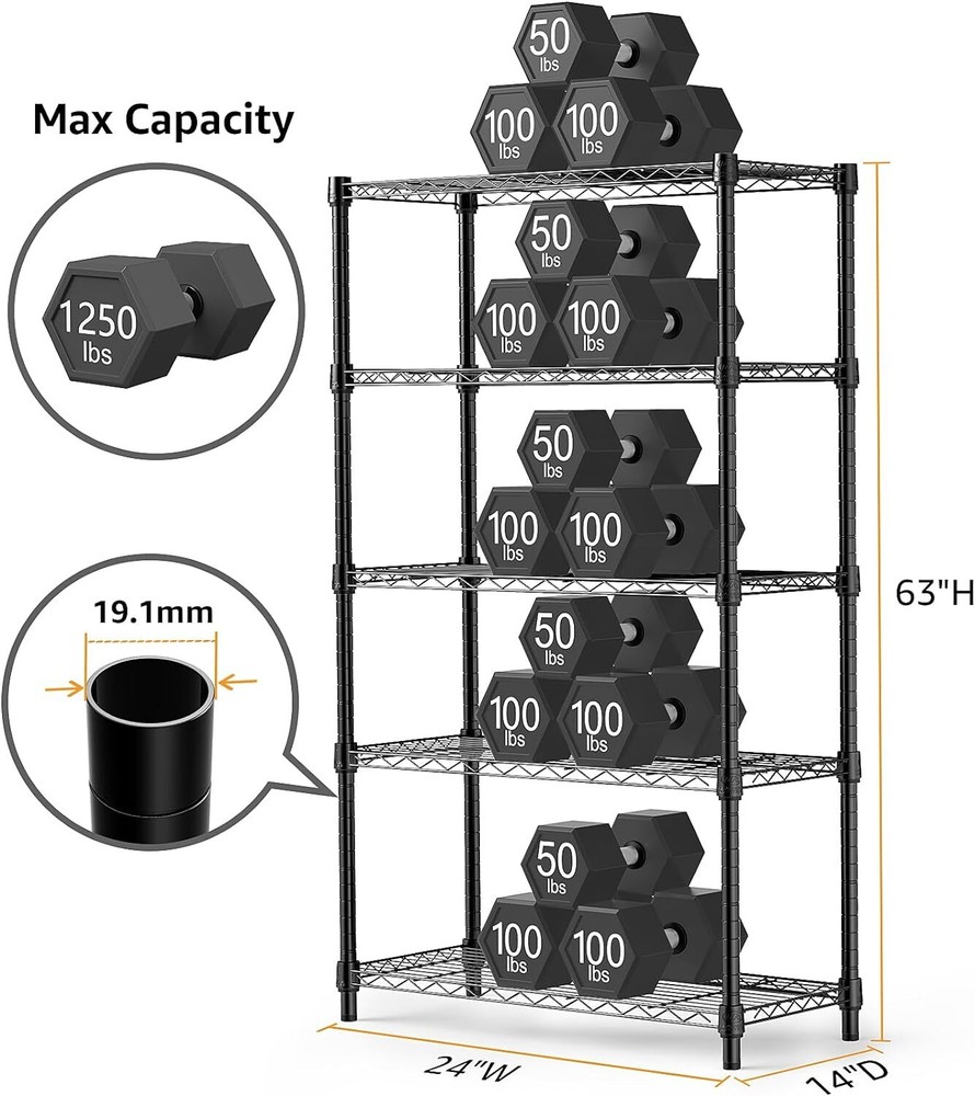 5-Tier Garage Rack Wire Unit Adjustable Storage Shelf Steel Heavy Duty Black 63"