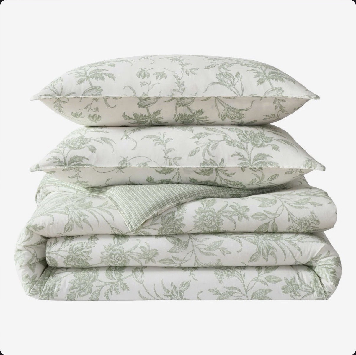 Queen Reversible Green/White Floral Stripe Duvet Cover Set, 3pc, Button Closure gallery