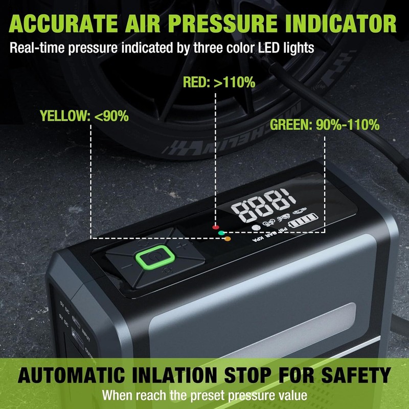 WORKPRO Tire Inflator Portable Air Compressor-12V w/7500mAh Battery150PSI 3-in-1 gallery
