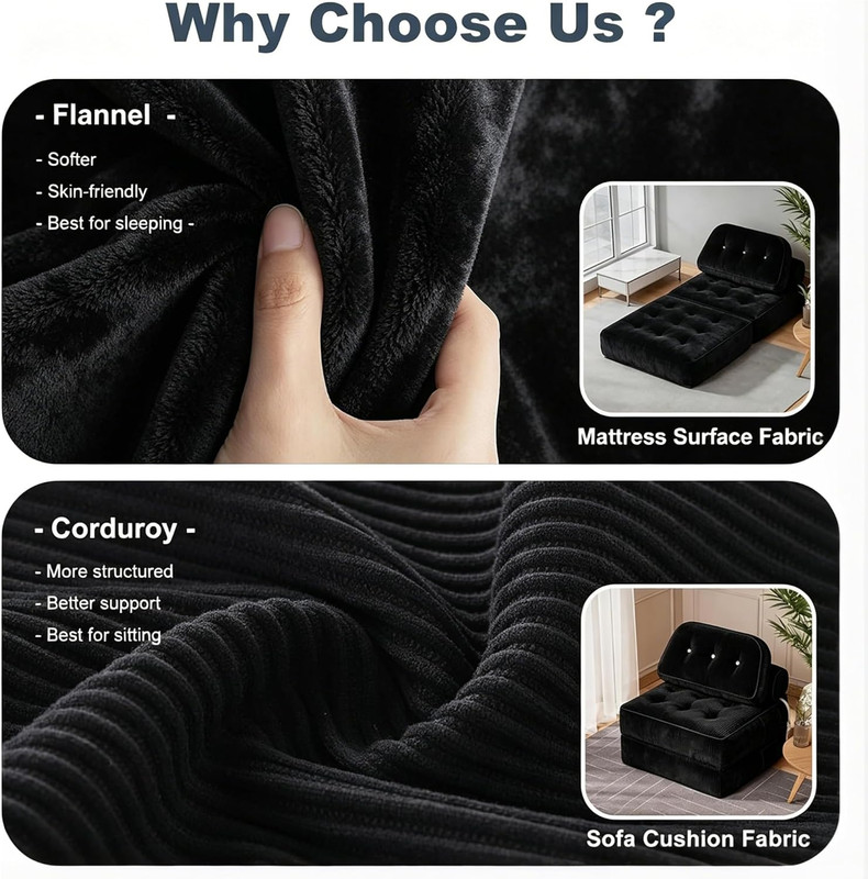 Folding Sofa Bed, Flannel Futon Couch Bed with Pillow and Blanket, Convertible gallery