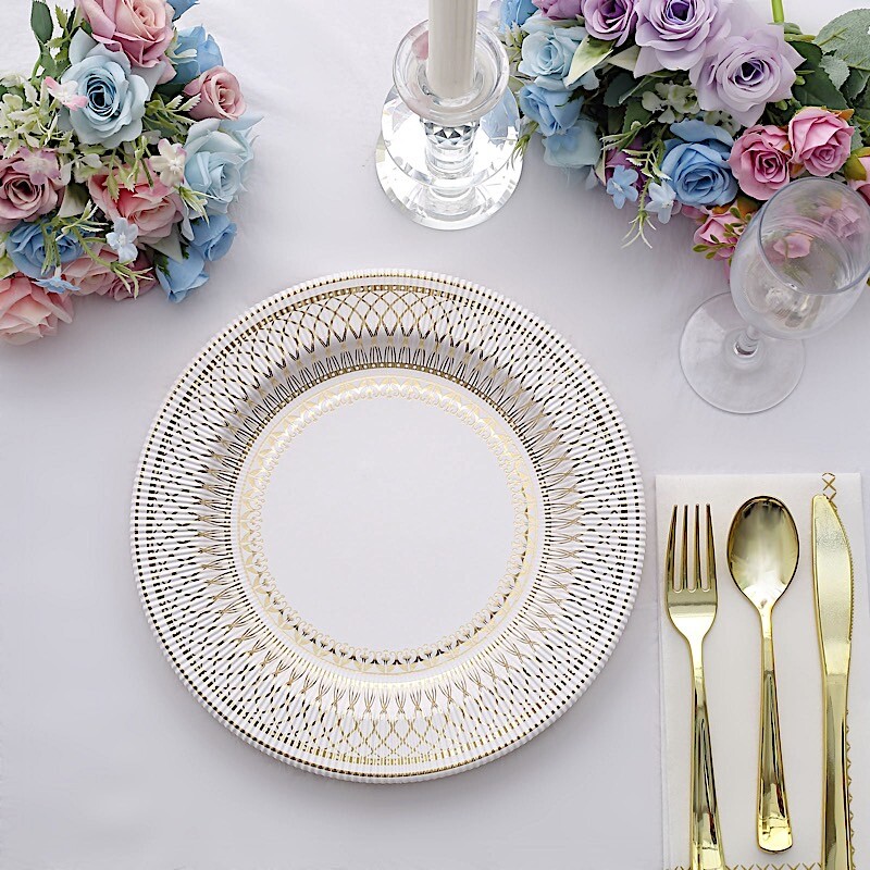 25 White 10 in Round Disposable Paper PLATES Gold Porcelain Design Party Events gallery