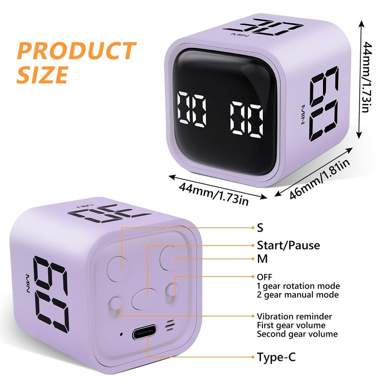GuDoQi Multi-Function Cube Timer, 5/10/30/60 Min & Custom Count Down, Purple gallery