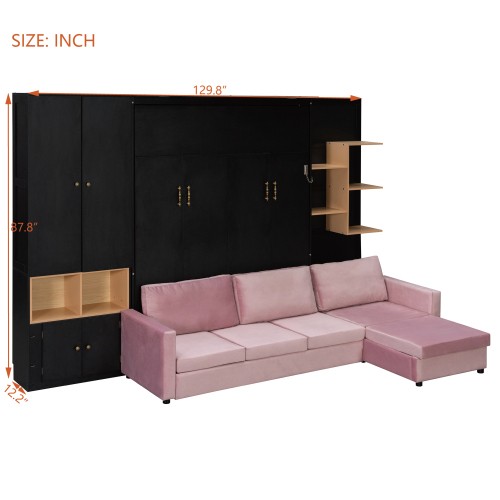 Queen Size Murphy Wall Bed with Sofa & Shelves Cabinets Saving Wood Hidden Beds gallery