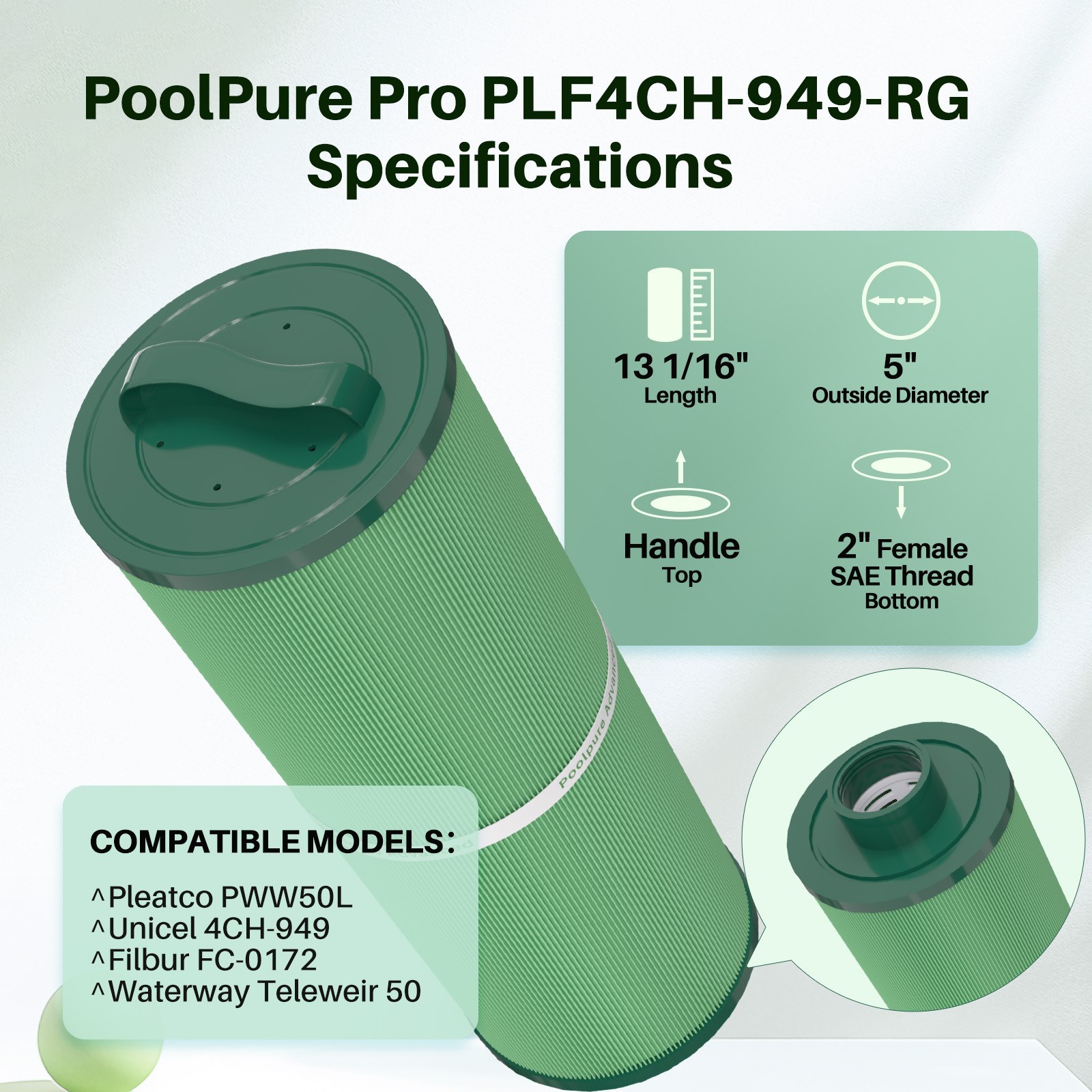 POOLPURE 4CH-949 Spa Filter Compatible with Pleatco PWW50L, 200702, FC-0172 gallery