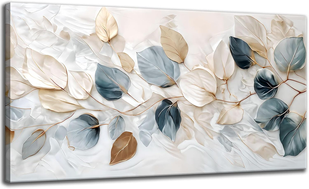 Large Living Eucalyptus Leaf Canvas Wall Art Teal White Botanical Abstract Decor