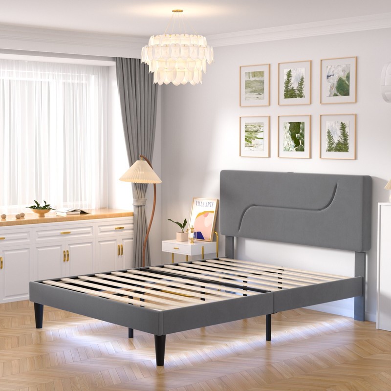 Twin Full Queen Bed Frame LED Light USB Charging Station Headboard Gray Beige gallery