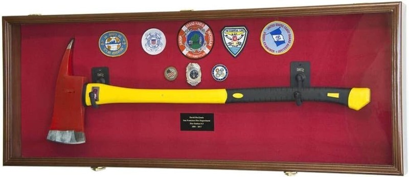 Axe Display Case Walnut LED Light Firefighter Fireman Badge Medal Wood Cabinet gallery
