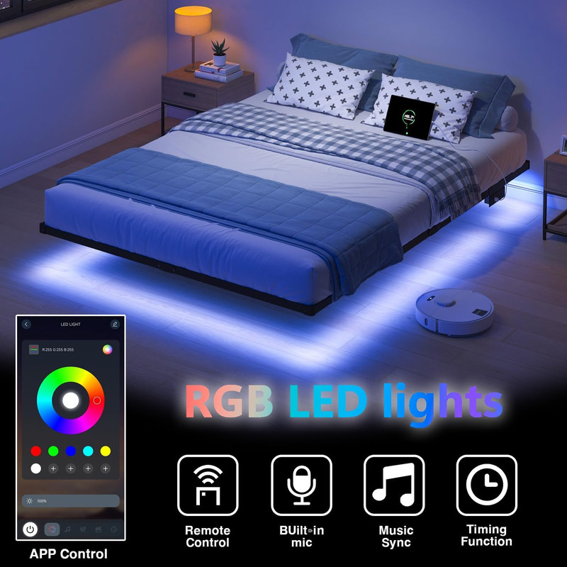 Queen Floating Bed Frame with LED Lights & Charging Station - No Box Spring Need gallery