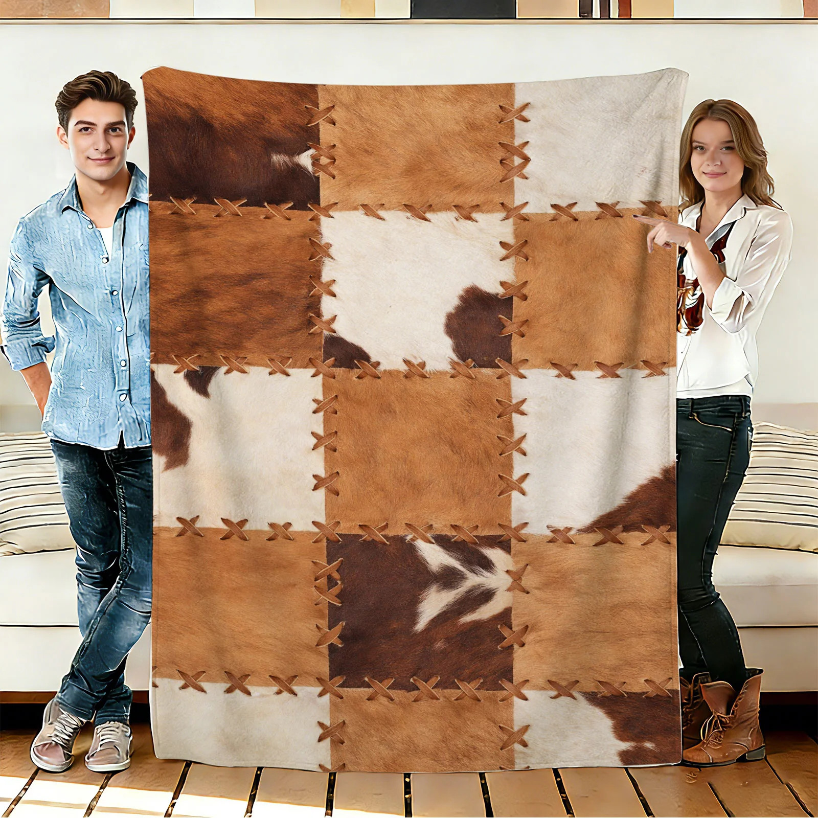 Cowhide Patchwork Flannel Blanket Soft Cozy Tapestry Napping Travel Use gallery