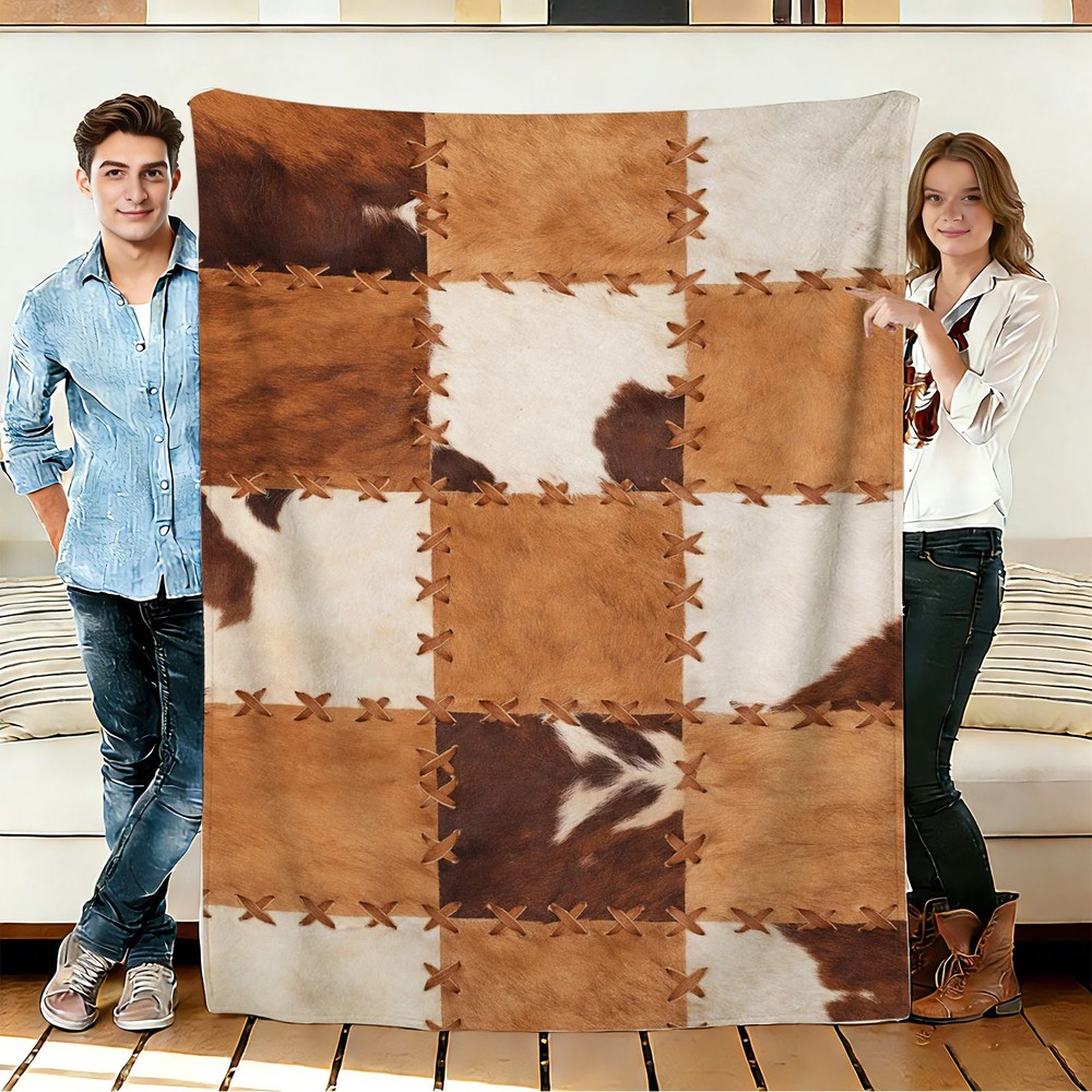 Cowhide Patchwork Flannel Blanket Soft Cozy Tapestry Napping Travel Use