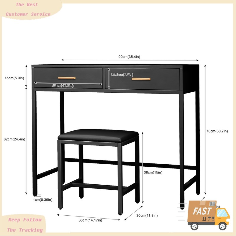 Black Modern Vanity Desk Stool Computer Home Office Study Table with 2 Drawers gallery
