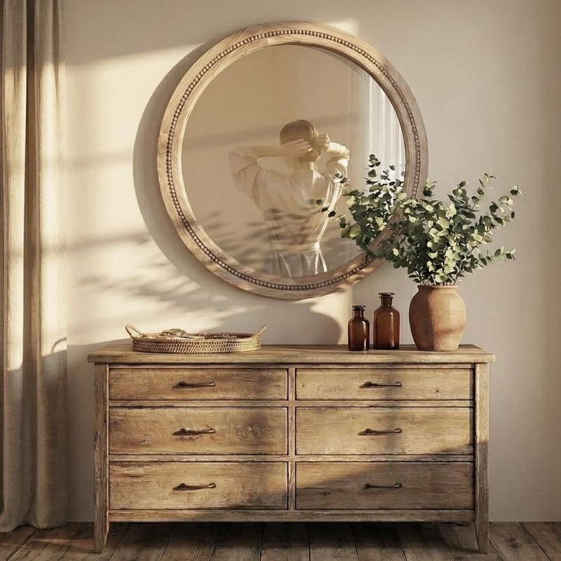 30" Round Solid Wood Mirror, Handcrafted Beaded Circle for Bathroom Vanity gallery