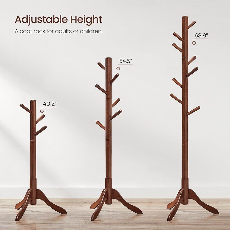 Durable Solid Wood Coat Rack Adjustable Height 3 Sections 8 Hooks Stable Base US gallery