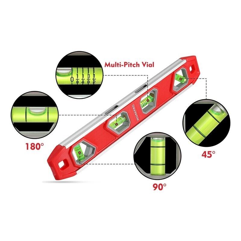 WORKPRO 12 Inch Torpedo Level 4 Bubble V-Groove Aluminum Magnetic Plumbing Level gallery