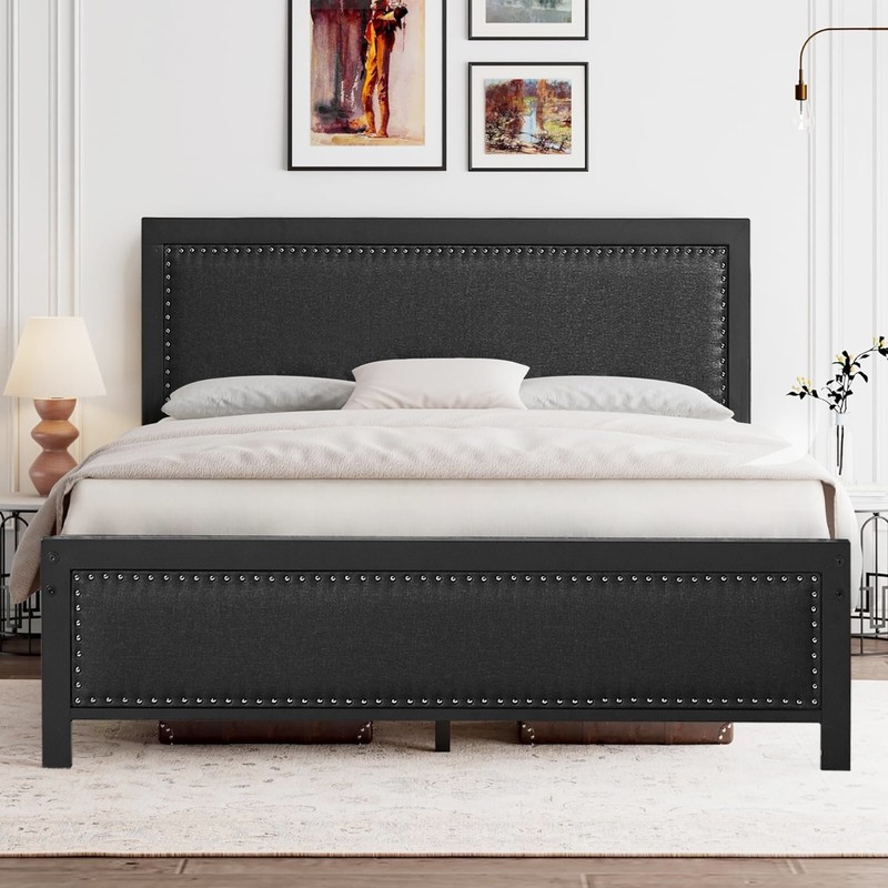 Twin/Full/Queen Bed Frame with Upholstered Headboard Heavy Metal Slats Platform gallery