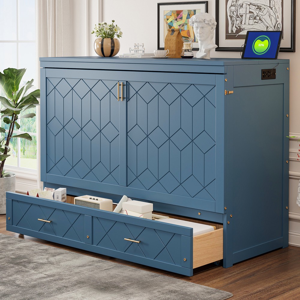 Queen Murphy Bed Wall Cabinet w/ Socket USB Ports & Drawer, Navy Blue