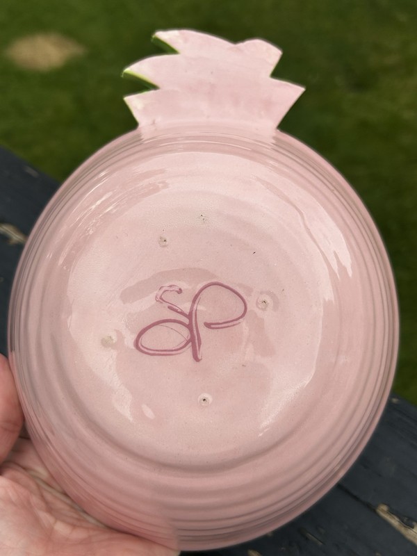 Susan Painter Pineapple Shaped Serving Dish Bowl Handpainted Vintage Green Pink gallery