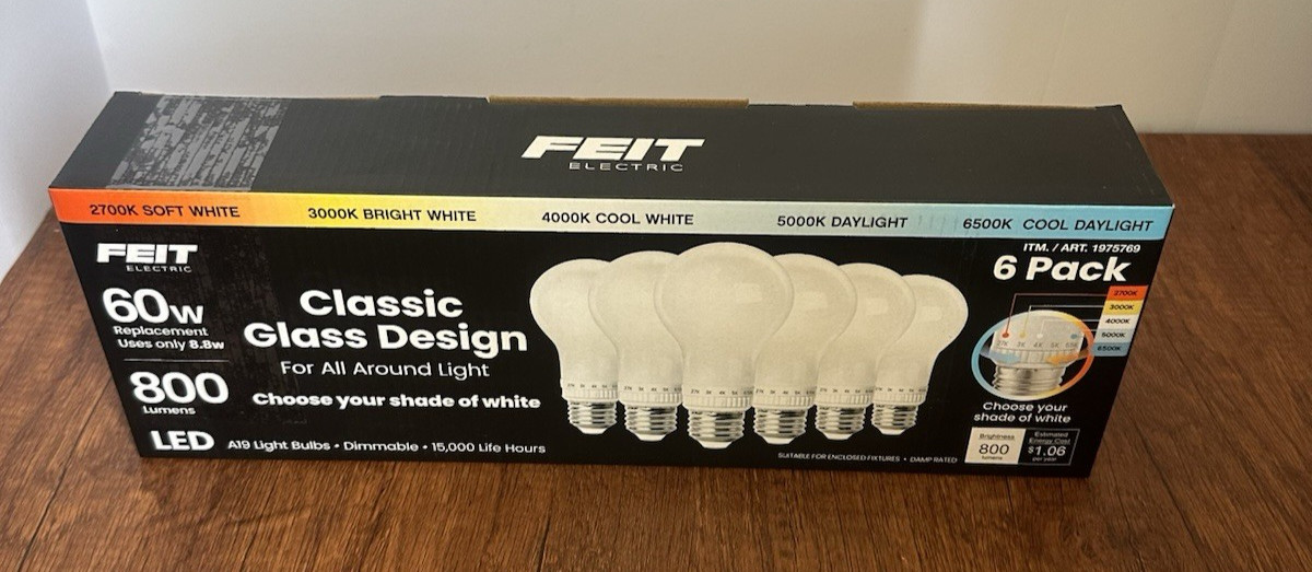 Feit 60w LED Light Bulbs 6 Pack Adjustable White Dimmable gallery