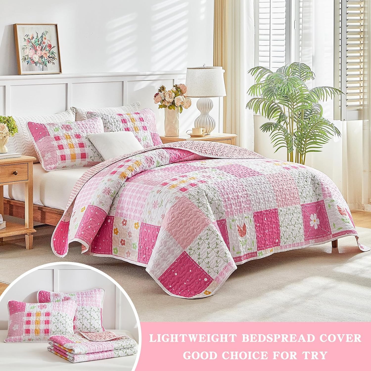 Patchwork Quilt Set Twin Size 2 Pieces White Pink Floral Plaid Reversible Americ gallery