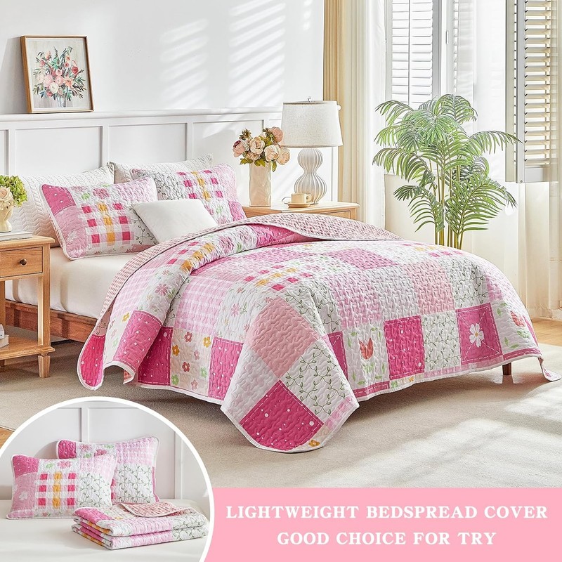 Patchwork Quilt Set Twin Size 2 Pieces White Pink Floral Plaid Reversible Americ gallery