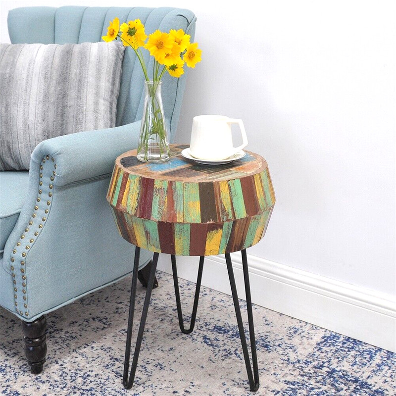 Greenage Side End Table Solid Reclaimed Wood Nightstand Round 3D Round 22" H gallery