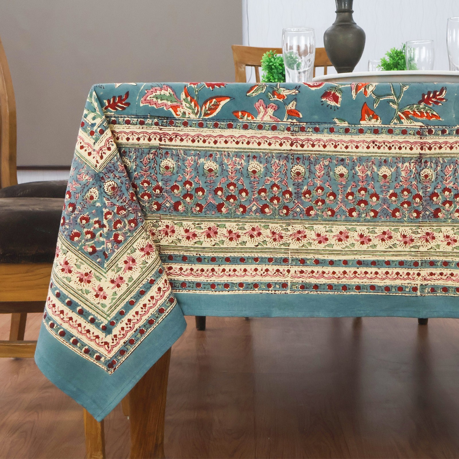 Blue & Green, Floral Block Printed Table Cover, Rectangular Christmas Tablecloth gallery