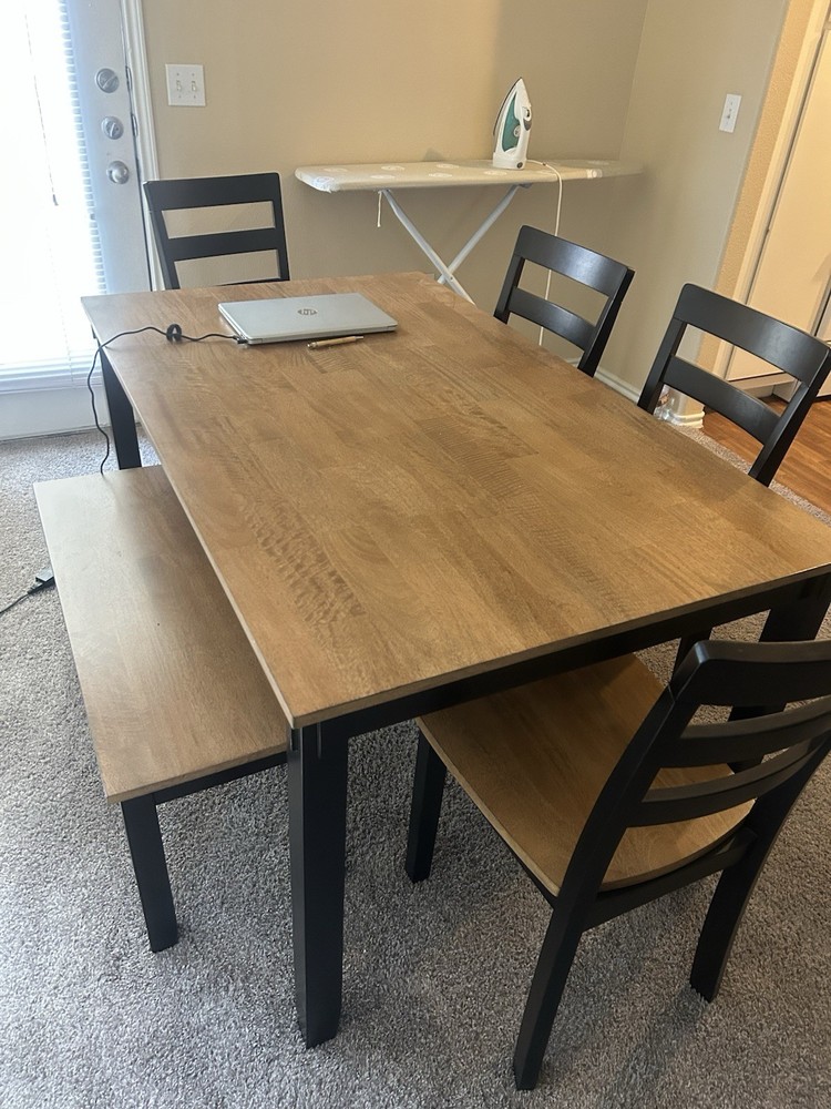 6-Piece Rectangular Wood Dining Table Set: 4 Chairs & Bench, Brown/Black