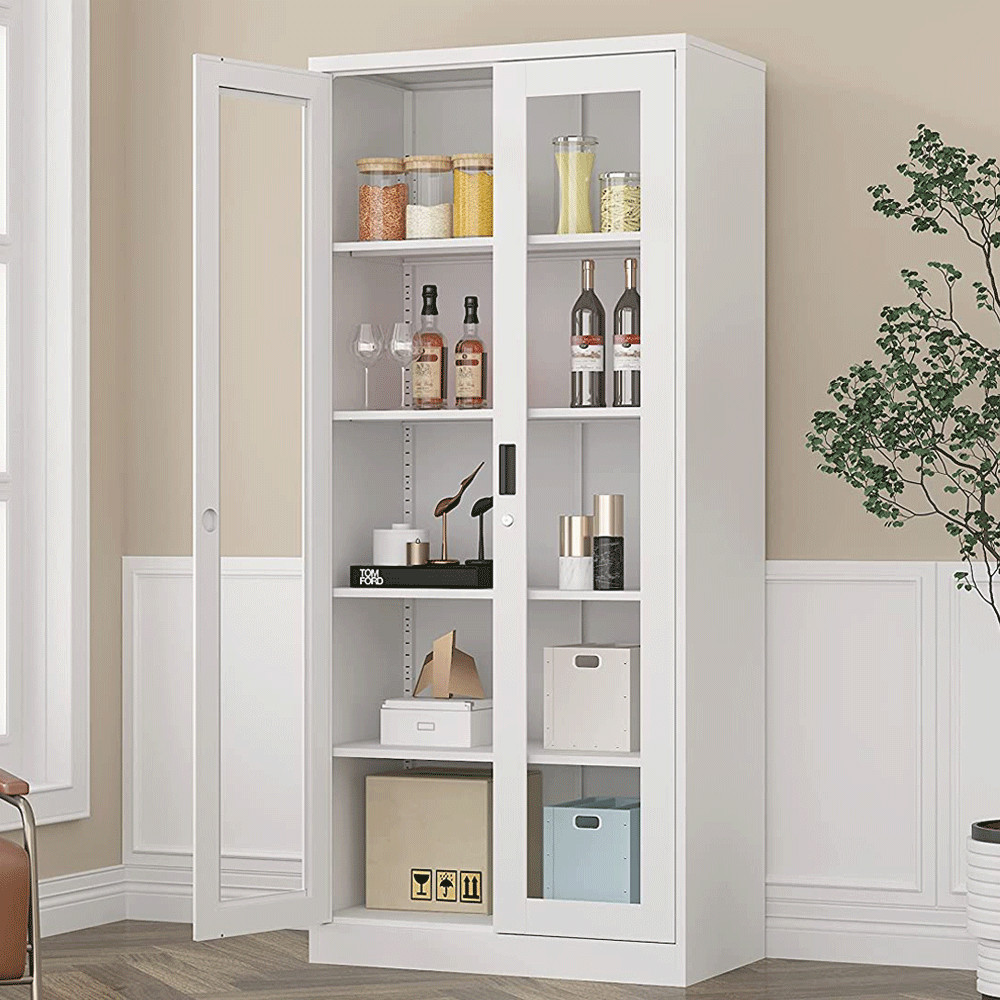 Tall Storage Cabinet Curio Display Cabinet with Adjustable Shelves Glass Doors gallery