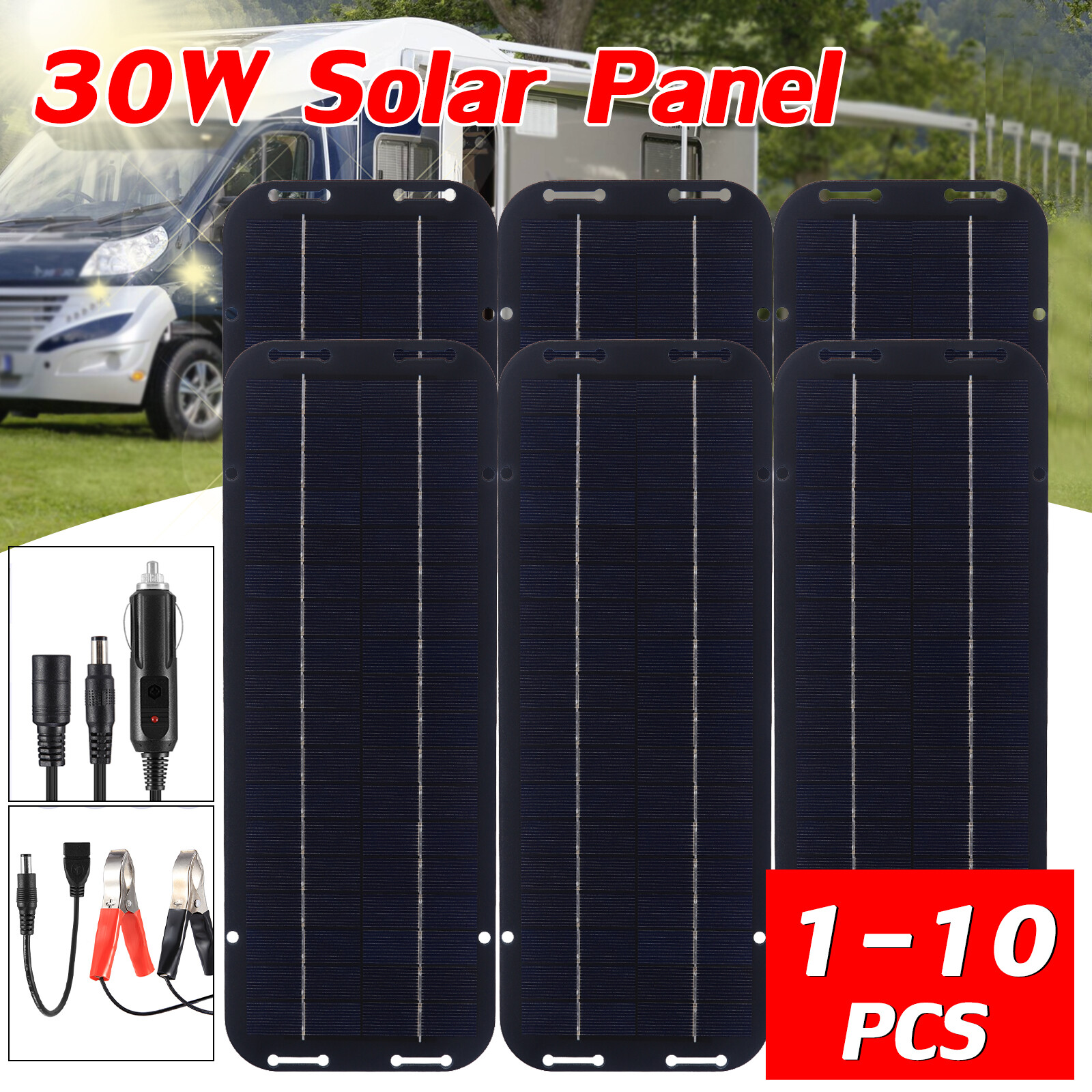 30W Solar Panel 12V Trickle Charger Battery Charger Kit Maintainer Boat Car RV gallery