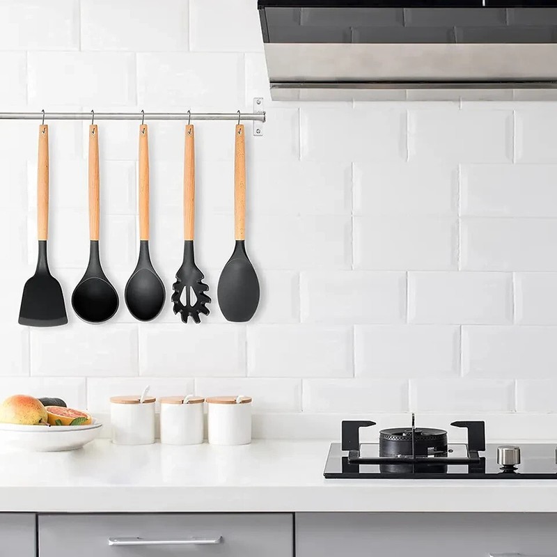12-Pcs Kitchen Silicone Utensils Set with Heat Resist Wooden Handle Black gallery