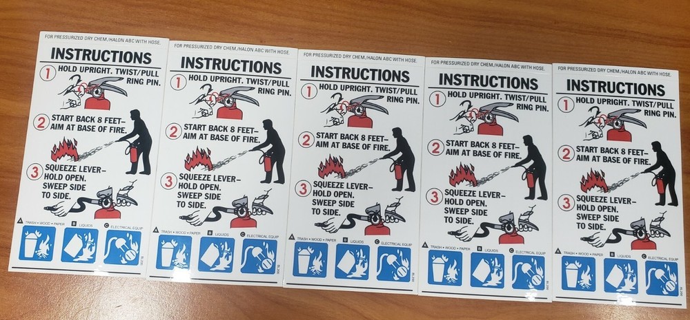 🤡🔥🧯 5 pack ABC FIRE EXTINGUISHER PICTORIAL OPERATING SIGN'S 3 X 5 1/4 🤡🔥🧯