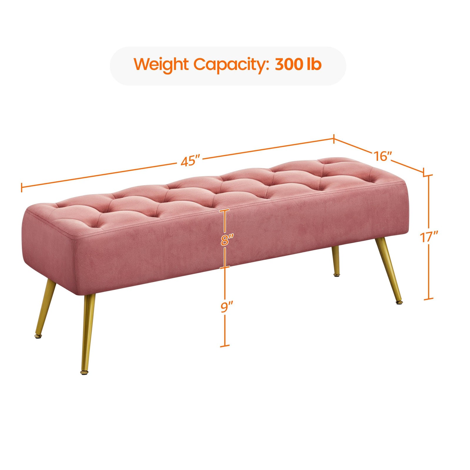Modern Ottoman Bench Velvet Bench Upholstered Footrest for Living Room, Pink gallery