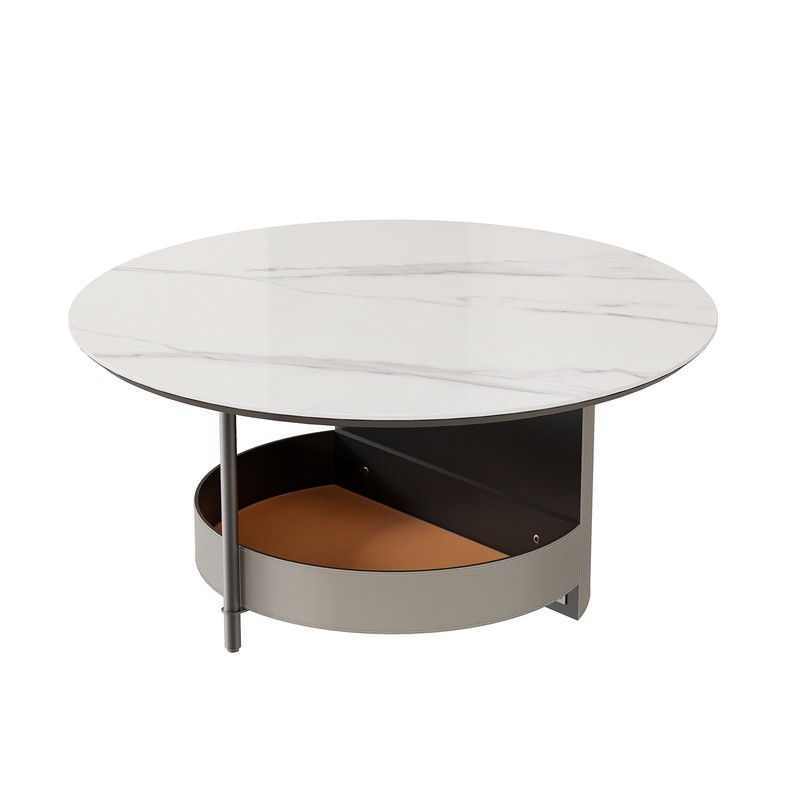 2tier Round Coffee Table Ice Crack Stone Top Saddle Leather Storage Shelf Table gallery
