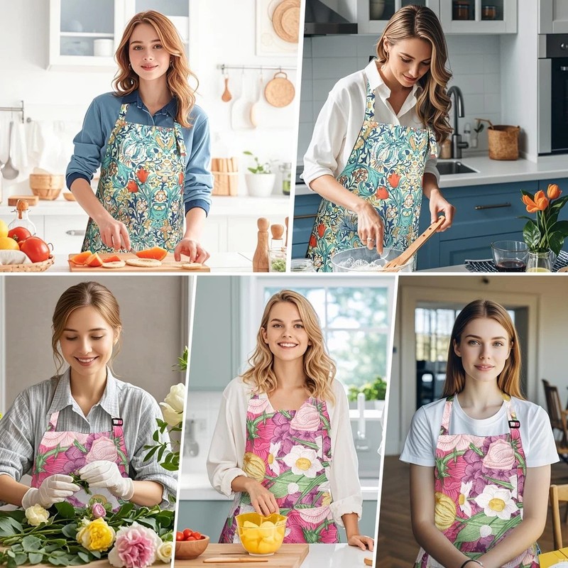 2 Pack Floral Aprons with Pocket Adjustable Kitchen Cooking Aprons for Women gallery