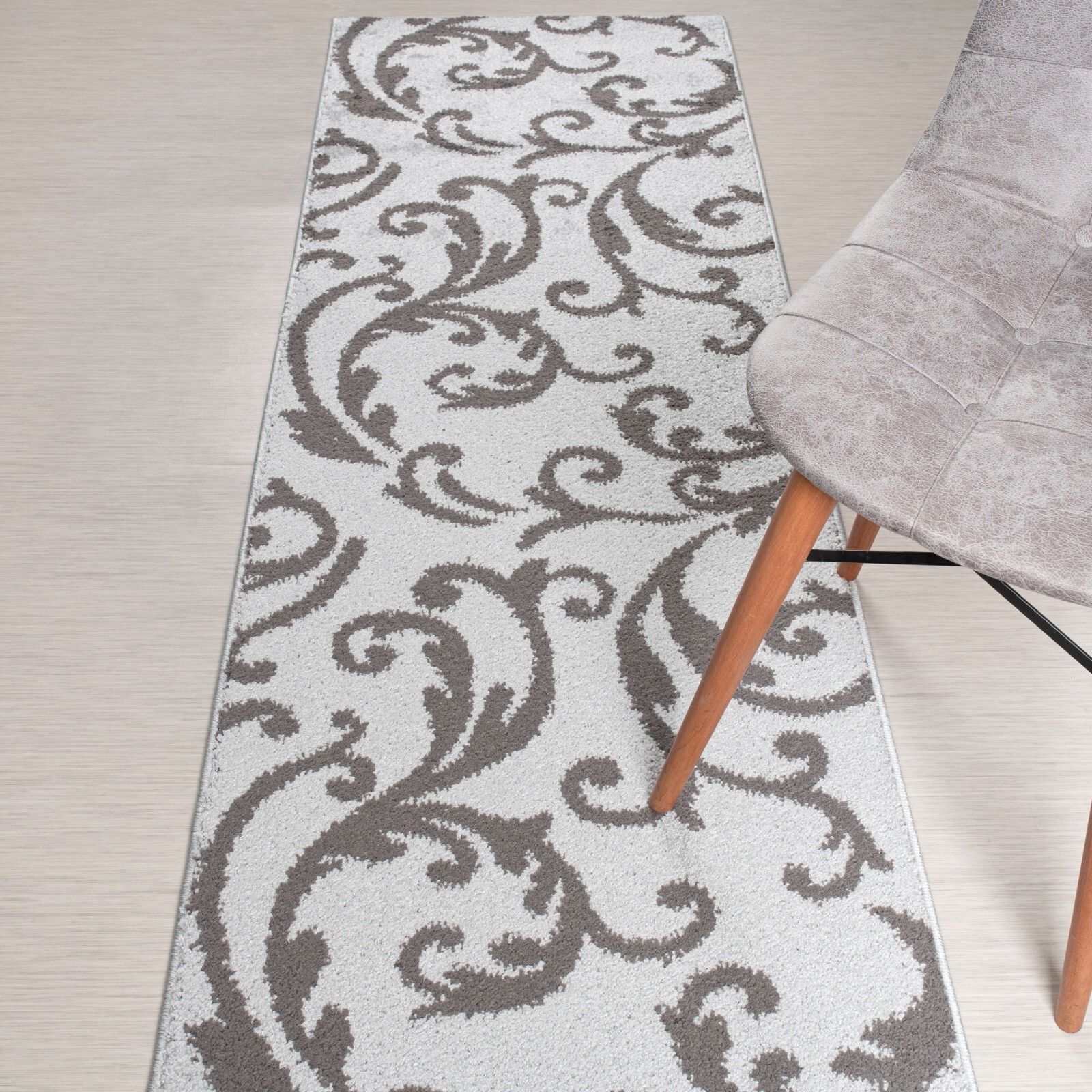 Custom Length Stair Hallway Carpet Runner Rug Non Slip Backing, Floral Silver gallery