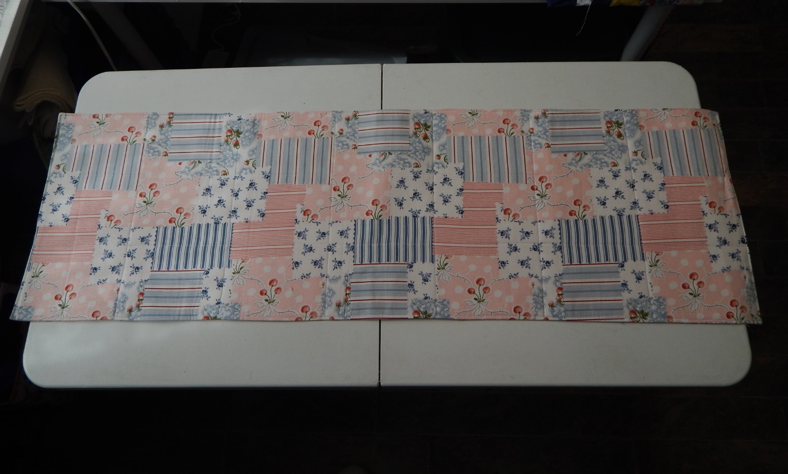 HANDCRAFTED REVERSIBLE QUILTED 42" "PATCHWORK & CHERRIES PRINT" TABLERUNNER gallery