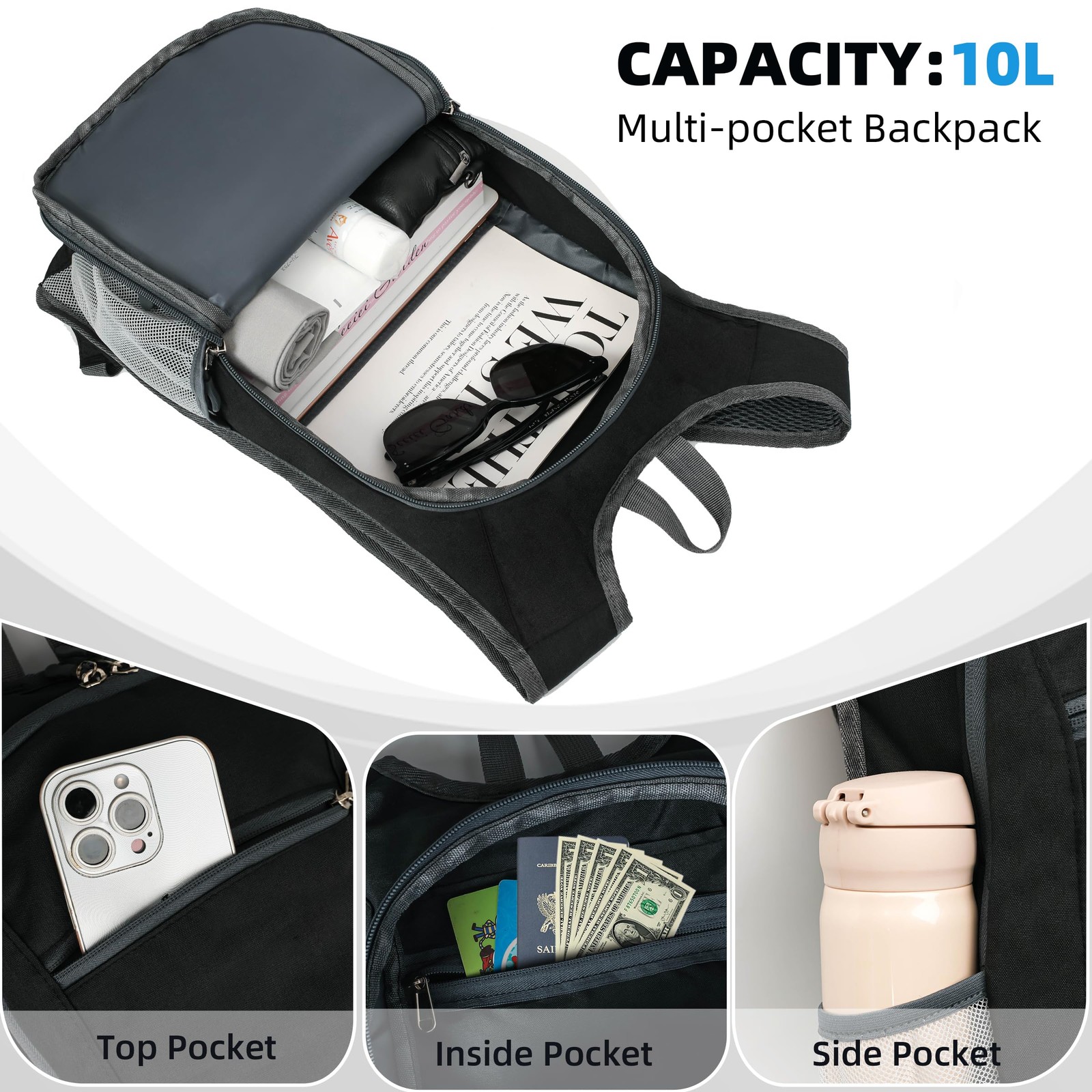 10L Small Travel Backpack, Black, Lightweight, Foldable, Packable, Hiking 3