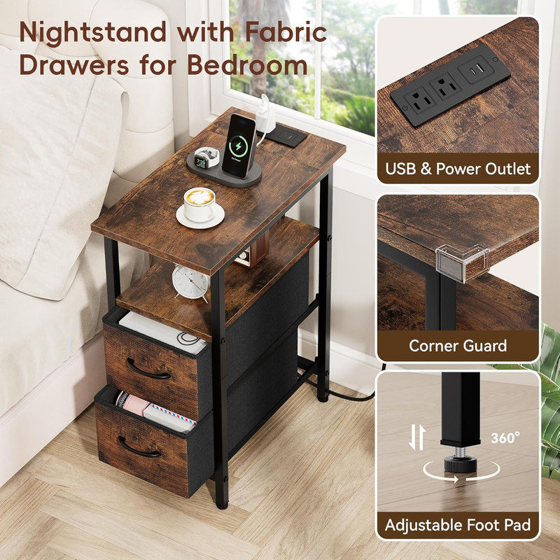 2-Pack Rustic Brown Nightstands with Charging Station & LED Lights gallery