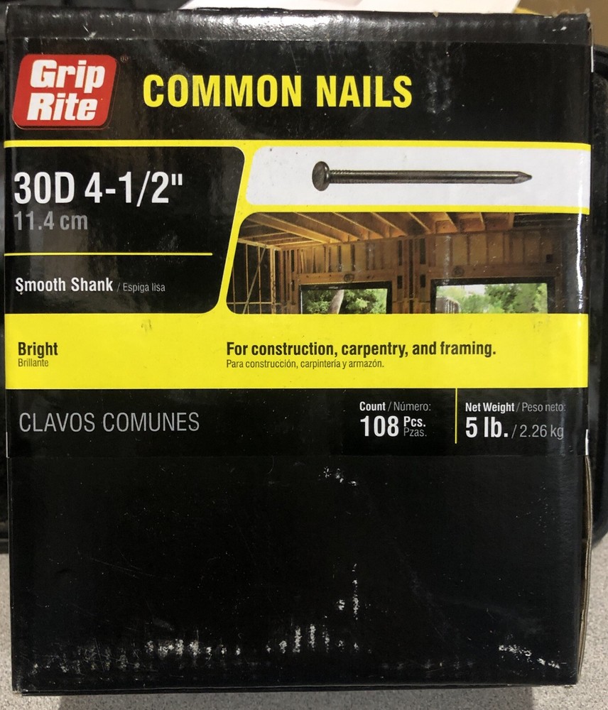 5 Lb Box Grip Rite Prime Source Common Nails 30D 4-1/2" Smooth Shank 30C5 5lb