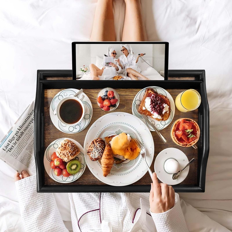 2 Pack Bed Tray Table with Adjustable Legs Breakfast Trays Serving Tray Bambo... gallery