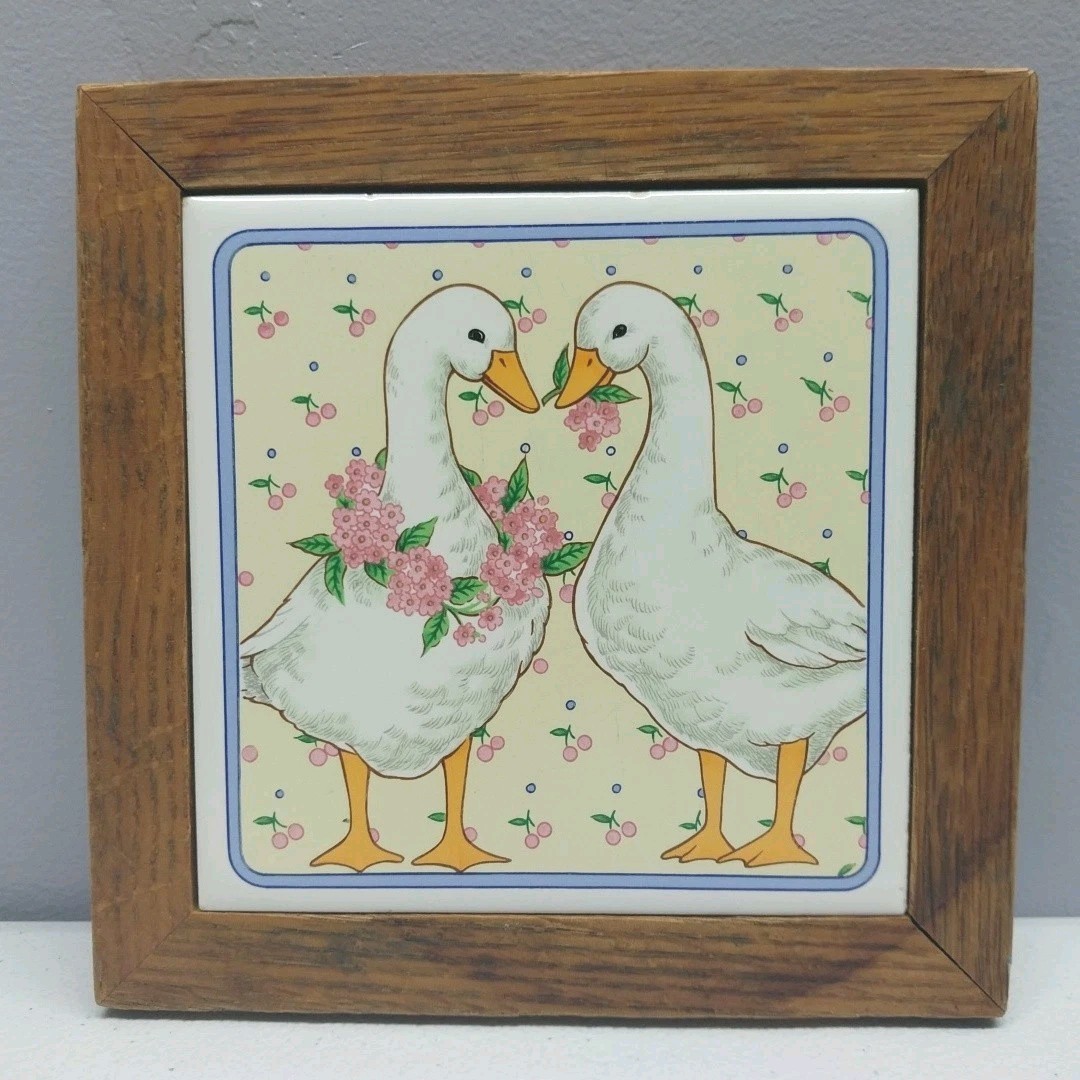 Vintage Country Goose Ceramic Tile Trivet Wood Frame Cottagecore Farmhouse Decor gallery