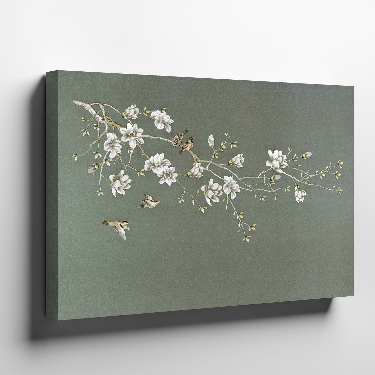 Magnolia Flower Branch with Small Birds Canvas Wall Art Floral Nature Print gallery