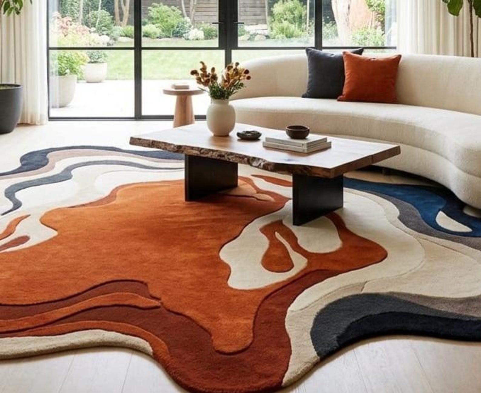 Large Irregular Shape Rug Abstract Navy Orange Topographical Modern Wavy Carpet gallery